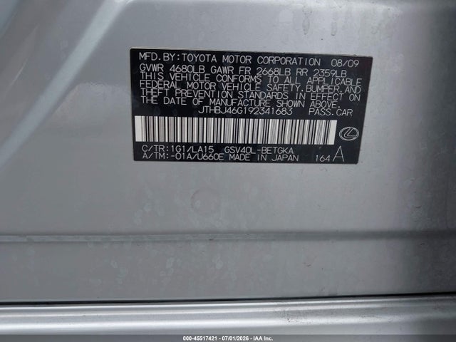 Продажа на аукционе авто 2009 Lexus Es 350, vin: JTHBJ46G192341683, номер лота: 45517421