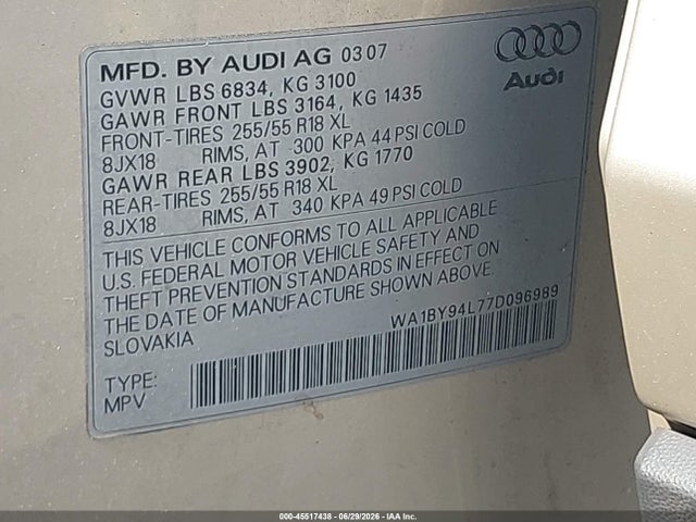 45517438 :رقم المزاد ، WA1BY94L77D096989 vin ، 2007 Audi Q7 3.6 Premium مزاد بيع