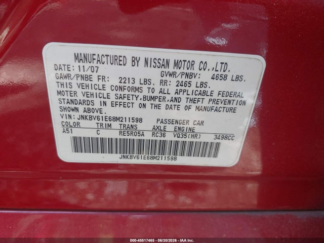 Продажа на аукционе авто 2008 Infiniti G35 Journey, vin: JNKBV61E68M211598, номер лота: 45517465