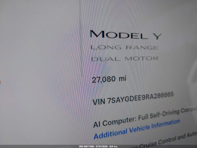 2024 Tesla Model Y Long Range Dual Motor All-wheel Drive მანქანა იყიდება აუქციონზე, vin: 7SAYGDEE9RA286665, აუქციონის ნომერი: 45517466