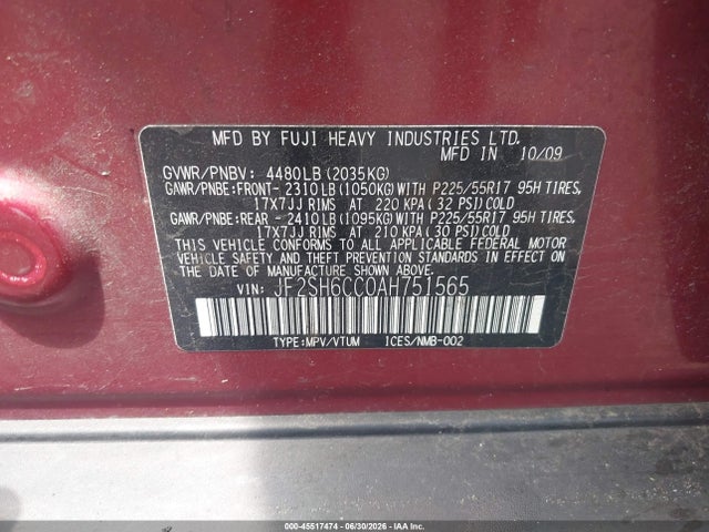 Продаж на аукціоні авто 2010 Subaru Forester 2.5x Premium, vin: JF2SH6CC0AH751565, номер лоту: 45517474