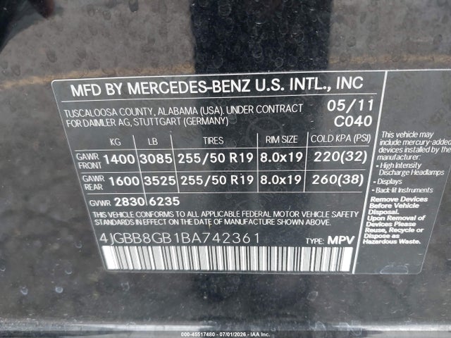 45517480 :رقم المزاد ، 4JGBB8GB1BA742361 vin ، 2011 Mercedes-benz Ml 350 4matic مزاد بيع