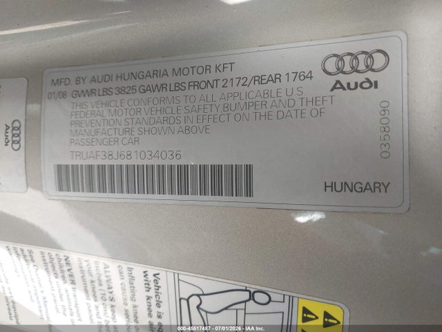 45517487 :رقم المزاد ، TRUAF38J681034036 vin ، 2008 Audi Tt 2.0t مزاد بيع
