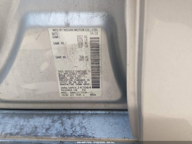 2018 Nissan Altima 2.5 Sv მანქანა იყიდება აუქციონზე, vin: 1N4AL3AP0JC247064, აუქციონის ნომერი: 45517530