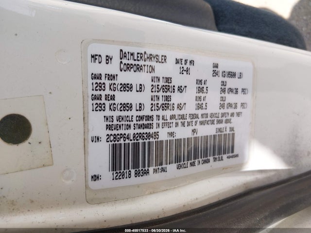 Продаж на аукціоні авто 2002 Chrysler Town & Country Limited, vin: 2C8GP64L02R630495, номер лоту: 45517533