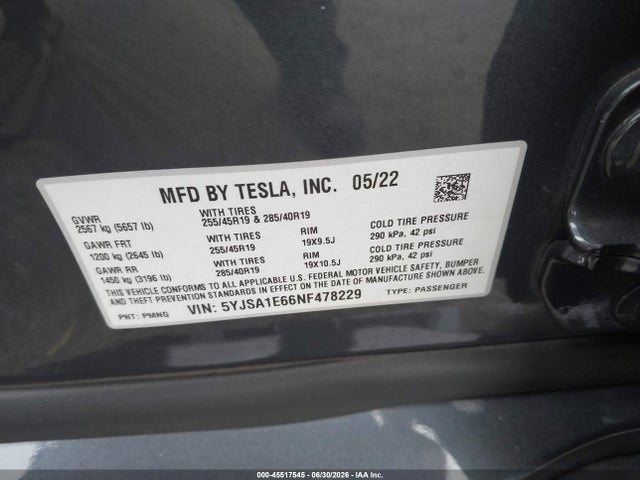 5YJSA1E66NF478229 Tesla Model S Plaid Tri Motor All-wheel Drive