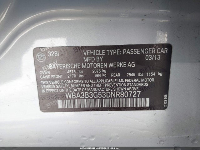 Aukcja sprzedaży 2013 Bmw 328i Xdrive, vin: WBA3B3G53DNR80727, numer aukcji: 45517547