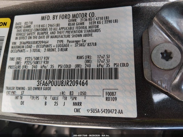 Ford Fusion Hybrid S 2018 3FA6P0UU8JR209464 Image 9
