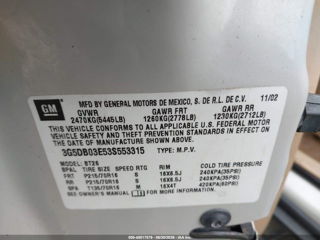 Продаж на аукціоні авто 2003 Buick Rendezvous Cxl, vin: 3G5DB03E53S553315, номер лоту: 45517579
