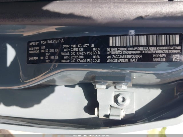 Aukcja sprzedaży 2017 Jeep Renegade Altitude Fwd, vin: ZACCJABB8HPG60064, numer aukcji: 45517592