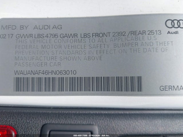 Aukcja sprzedaży 2017 Audi A4 Premium, vin: WAUANAF46HN063010, numer aukcji: 45517599
