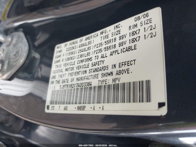 Auction sale of the 2007 Acura Rdx, vin: 5J8TB18217A003384, lot number: 45517602