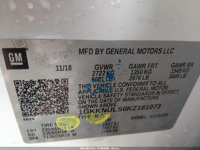 45517613 :رقم المزاد ، 1GKKNULS6KZ181073 vin ، 2019 Gmc Acadia Slt-1 مزاد بيع