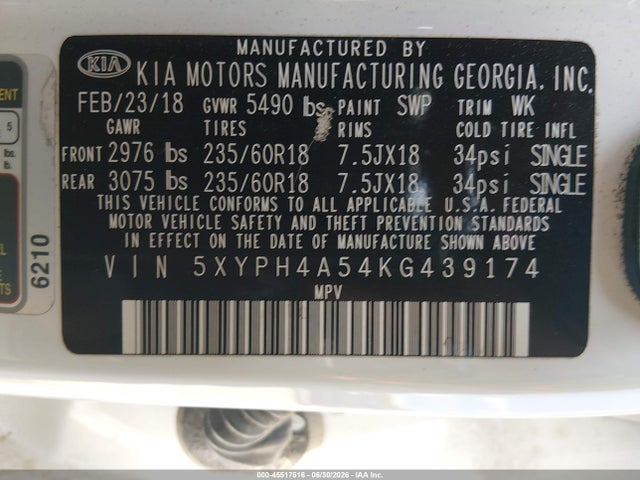 Aukcja sprzedaży 2019 Kia Sorento 3.3l Ex, vin: 5XYPH4A54KG439174, numer aukcji: 45517616