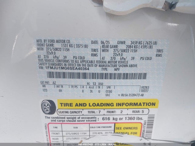 Продажа на аукционе авто 2025 Ford Expedition Platinum, vin: 1FMJU1MG6SEA40364, номер лота: 45517623