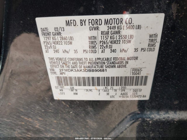 Продажа на аукционе авто 2013 Ford Edge Sport, vin: 2FMDK3AK3DBB90681, номер лота: 45517641