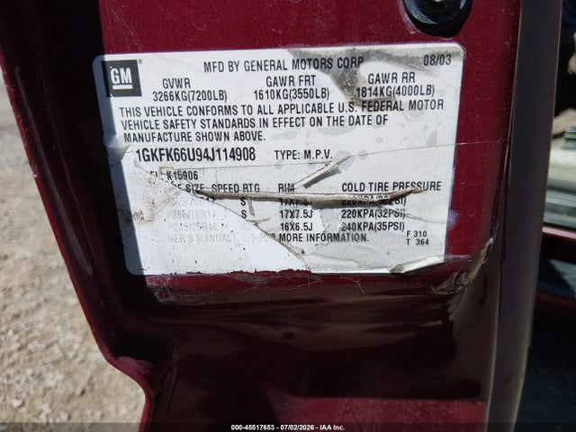 Aukcja sprzedaży 2004 Gmc Yukon Xl 1500 Denali, vin: 1GKFK66U94J114908, numer aukcji: 45517653