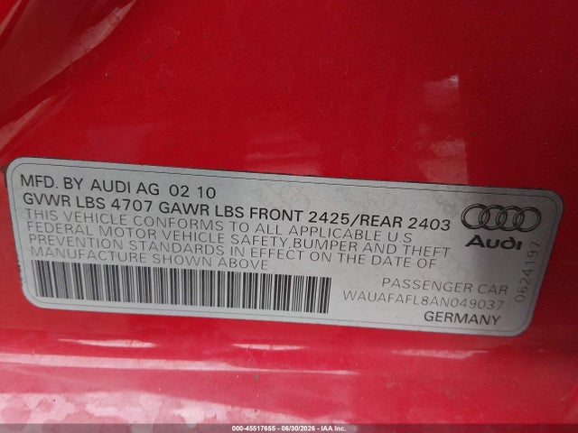 45517655 :رقم المزاد ، WAUAFAFL8AN049037 vin ، 2010 Audi A4 2.0t Premium مزاد بيع