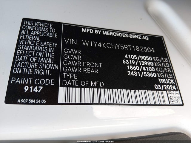 Продажа на аукционе авто 2024 Mercedes-benz Sprinter 2500 High Roof 4-cyl Diesel, vin: W1Y4KCHY5RT182504, номер лота: 45517660