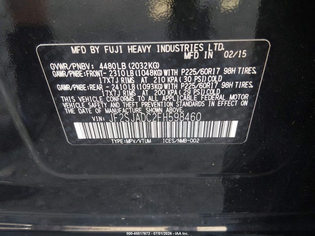 Aukcja sprzedaży 2015 Subaru Forester 2.5i Premium, vin: JF2SJADC2FH598460, numer aukcji: 45517672
