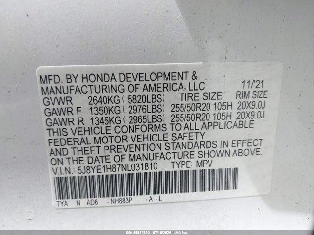 2022 Acura Mdx Advance Package მანქანა იყიდება აუქციონზე, vin: 5J8YE1H87NL031810, აუქციონის ნომერი: 45517690