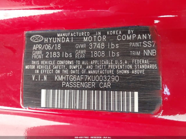 45517692 :رقم المزاد ، KMHTG6AF7KU003290 vin ، 2019 Hyundai Veloster 2.0 Premium مزاد بيع