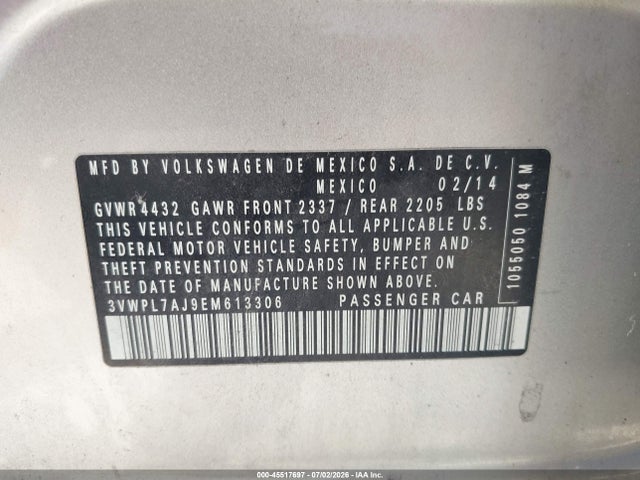2014 Volkswagen Jetta Sportwagen 2.0l Tdi მანქანა იყიდება აუქციონზე, vin: 3VWPL7AJ9EM613306, აუქციონის ნომერი: 45517697