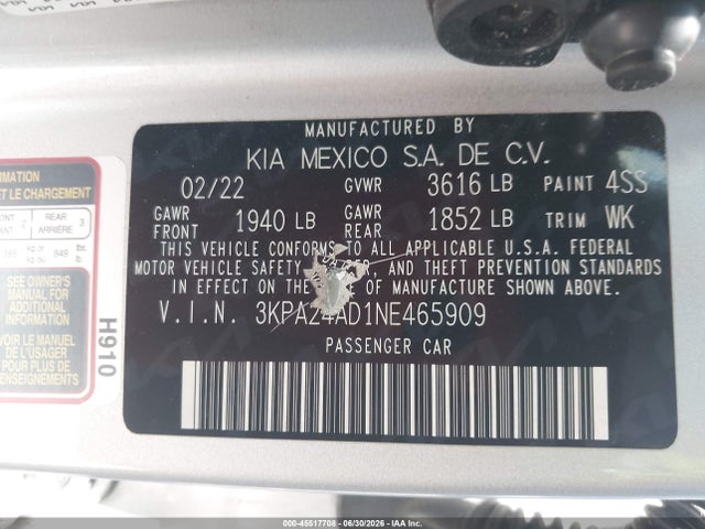 Продаж на аукціоні авто 2022 Kia Rio Lx, vin: 3KPA24AD1NE465909, номер лоту: 45517708