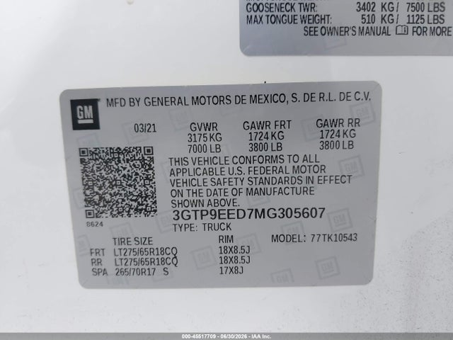 2021 Gmc Sierra 1500 4wd  Short Box At4 მანქანა იყიდება აუქციონზე, vin: 3GTP9EED7MG305607, აუქციონის ნომერი: 45517709