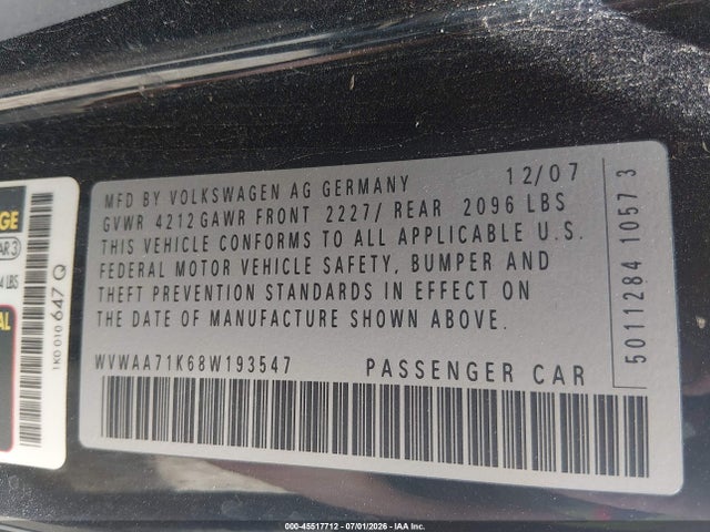 45517712 :رقم المزاد ، WVWAA71K68W193547 vin ، 2008 Volkswagen Rabbit S مزاد بيع