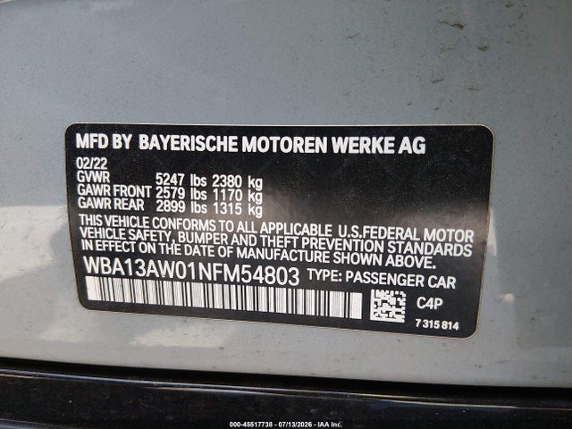 2022 Bmw M440i Gran Coupe Xdrive მანქანა იყიდება აუქციონზე, vin: WBA13AW01NFM54803, აუქციონის ნომერი: 45517738