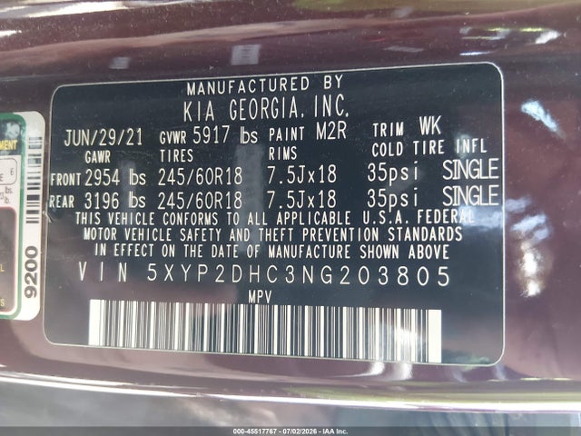 2022 Kia Telluride Lx მანქანა იყიდება აუქციონზე, vin: 5XYP2DHC3NG203805, აუქციონის ნომერი: 45517767