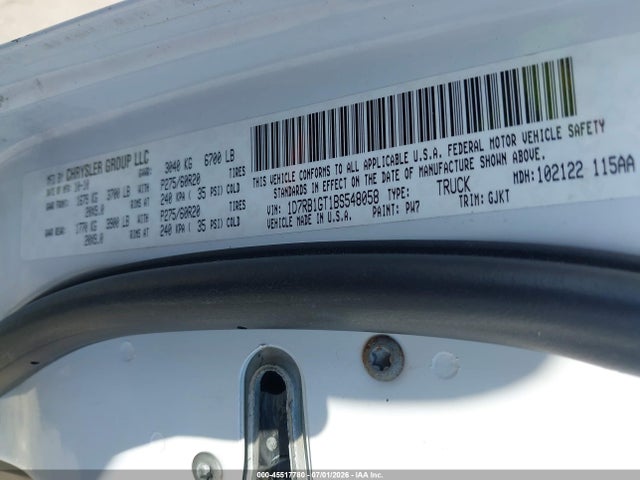 2011 Ram Ram 1500 Laramie მანქანა იყიდება აუქციონზე, vin: 1D7RB1GT1BS548058, აუქციონის ნომერი: 45517780