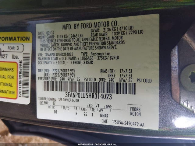 45517781 :رقم المزاد ، 3FA6P0LU5HR314023 vin ، 2017 Ford Fusion Hybrid Se مزاد بيع