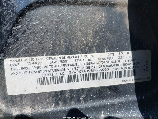 2011 Volkswagen Jetta Sportwagen 2.5l Se მანქანა იყიდება აუქციონზე, vin: 3VWPX7AJ9BM635063, აუქციონის ნომერი: 45517789