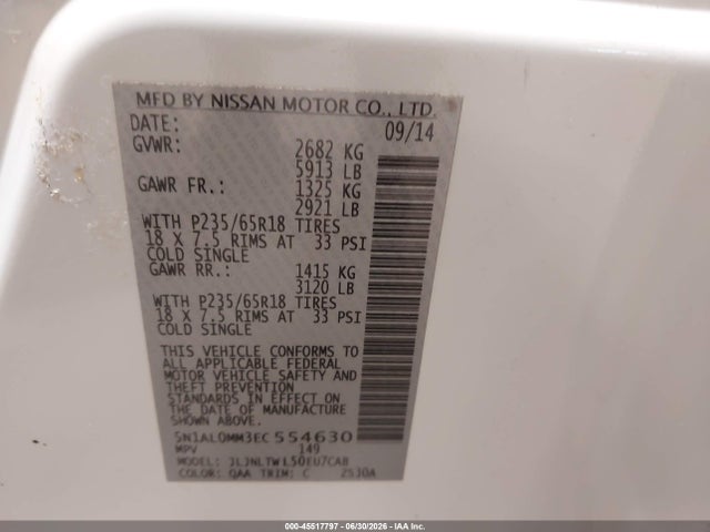 45517797 :رقم المزاد ، 5N1AL0MM3EC554630 vin ، 2014 Infiniti Qx60 مزاد بيع