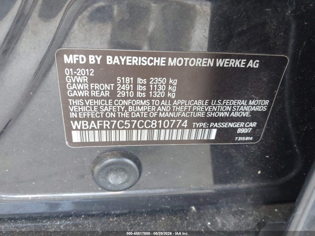 2012 Bmw 535i მანქანა იყიდება აუქციონზე, vin: WBAFR7C57CC810774, აუქციონის ნომერი: 45517800
