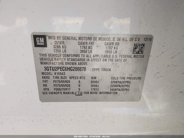Продаж на аукціоні авто 2017 Gmc Sierra 1500 Denali, vin: 3GTU2PEC6HG288878, номер лоту: 45517804