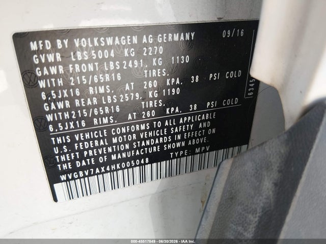 Продаж на аукціоні авто 2017 Volkswagen Tiguan 2.0t/2.0t S, vin: WVGBV7AX4HK005048, номер лоту: 45517849