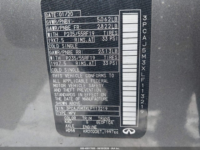 45517855 :رقم المزاد ، 3PCAJ5M3XLF113219 vin ، 2020 Infiniti Qx50 Luxe Awd مزاد بيع