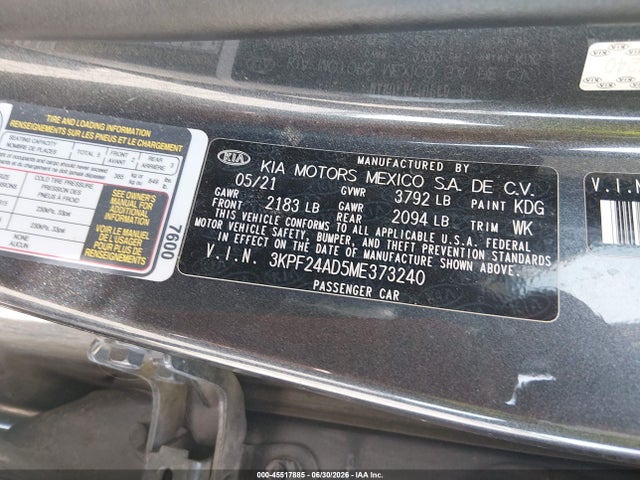 Продажа на аукционе авто 2021 Kia Forte Fe, vin: 3KPF24AD5ME373240, номер лота: 45517885