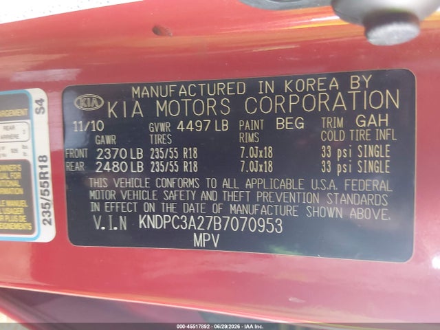 2011 Kia Sportage Ex მანქანა იყიდება აუქციონზე, vin: KNDPC3A27B7070953, აუქციონის ნომერი: 45517892