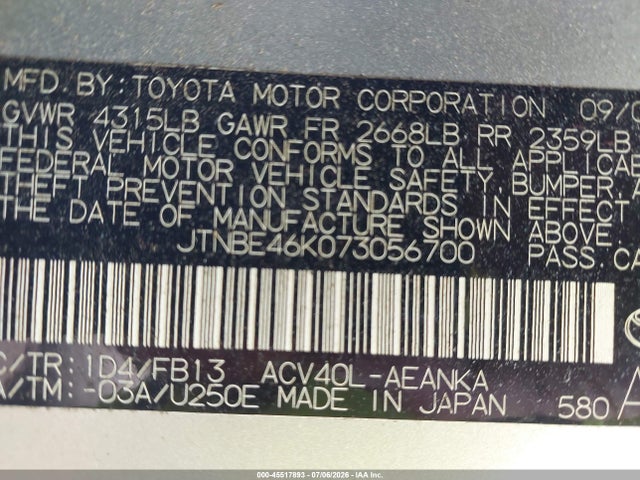 Aukcja sprzedaży 2007 Toyota Camry Le, vin: JTNBE46K073056700, numer aukcji: 45517893
