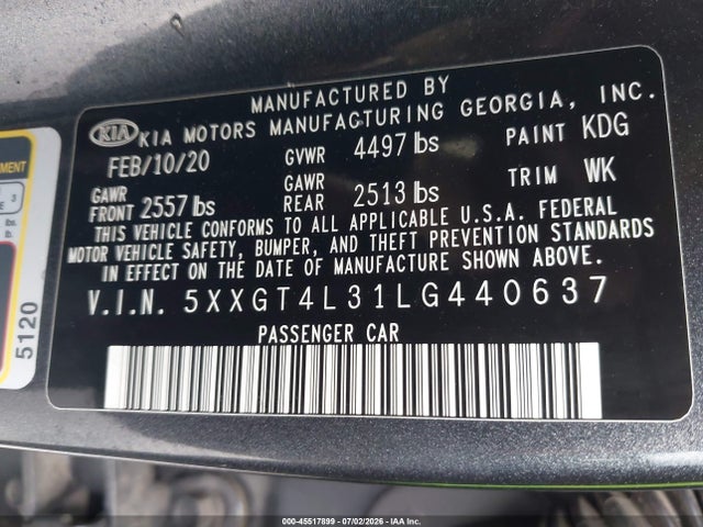 Aukcja sprzedaży 2020 Kia Optima Lx, vin: 5XXGT4L31LG440637, numer aukcji: 45517899