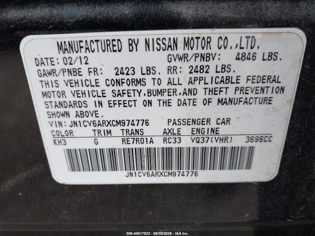 Aukcja sprzedaży 2012 Infiniti G37x, vin: JN1CV6ARXCM974776, numer aukcji: 45517922