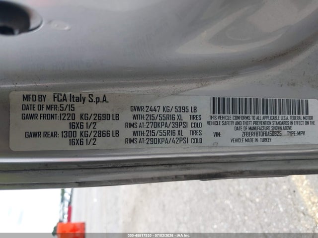 Продажа на аукционе авто 2015 Ram Promaster City Tradesman Slt, vin: ZFBERFBT0F6A50625, номер лота: 45517930