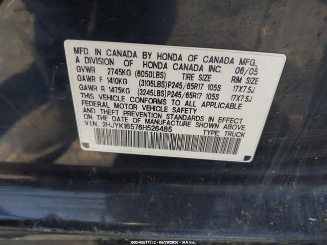 Продажа на аукционе авто 2006 Honda Ridgeline Rtl, vin: 2HJYK16576H526485, номер лота: 45517932