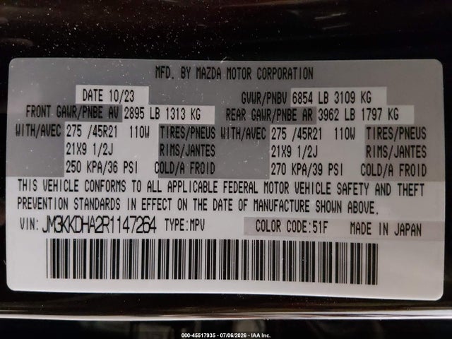 Aukcja sprzedaży 2024 Mazda Cx-90 Phev Premium, vin: JM3KKDHA2R1147264, numer aukcji: 45517935