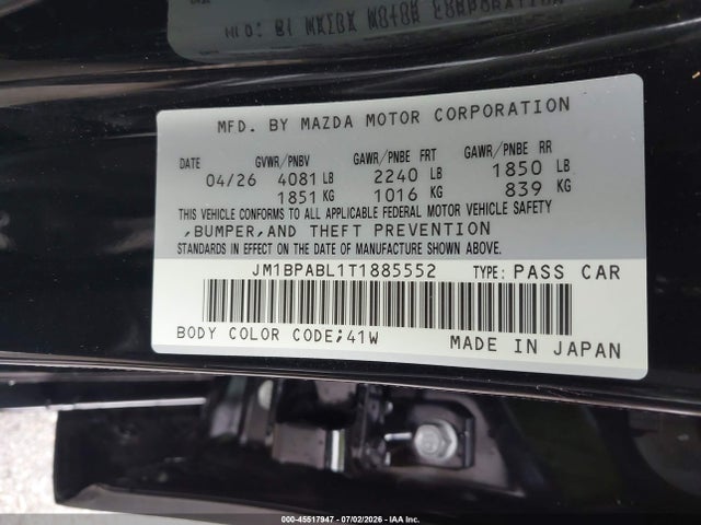2026 Mazda Mazda3 2.5 S Select Sport მანქანა იყიდება აუქციონზე, vin: JM1BPABL1T1885552, აუქციონის ნომერი: 45517947