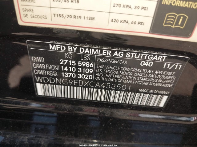 45517964 :رقم المزاد ، WDDNG9EBXCA453501 vin ، 2012 Mercedes-benz S 550 4matic مزاد بيع